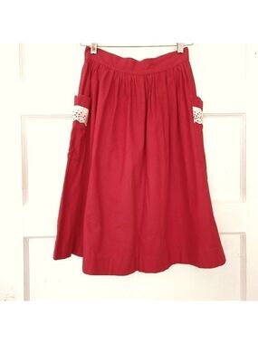 Vintage 50s Pleat Waist  Lace Pocket Trim A Line Red Skirt